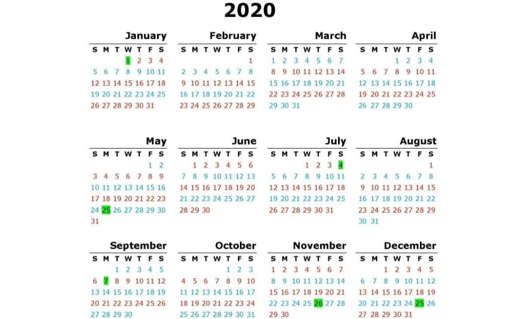 Haulaway holiday calendar 2020
